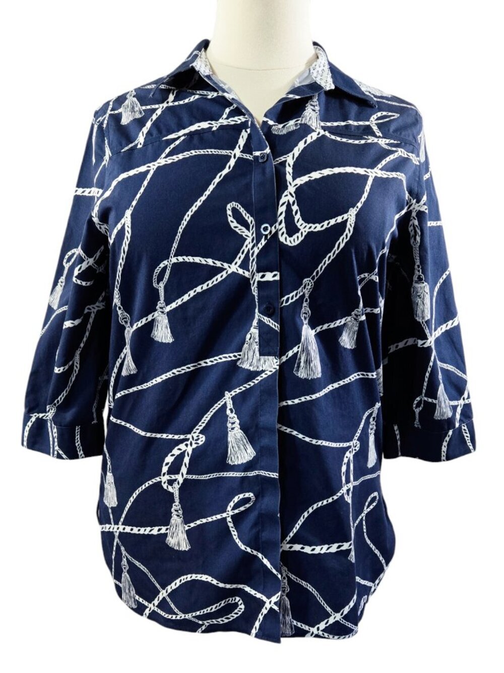 Chico's No Iron 100% Cotton Navy Blue White Nautical Tassel Button-Up Shirt